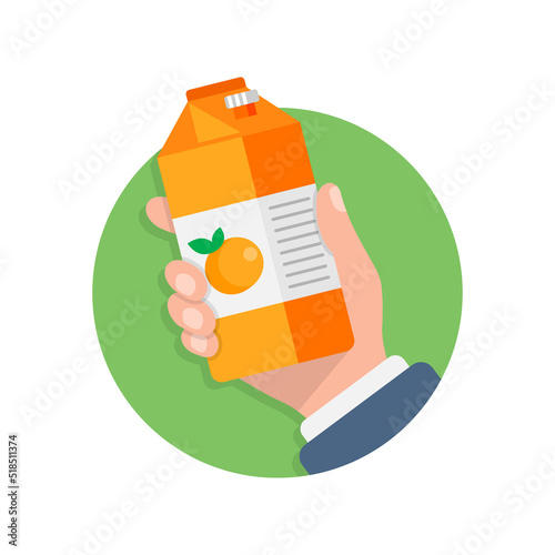 Orange juice in hand icon in flat style. Fruit beverage vector illustration on isolated background. Citrus drink sign business concept.
