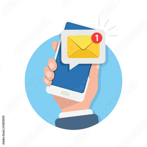 Hand holding smartphone icon in flat style. Incoming message vector illustration on isolated background. Email notification sign business concept.