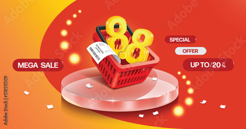 Number 8.8 yellow 3d is in a red shopping basket and all rests on a round clear glass podium with a promotion text mega sale 20% discount to convey promotions eighth day of the eighth month,vector 3d