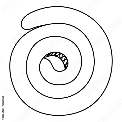 Sausage snail. Round sausage for frying on the grill. Sketch. Vector illustration. Coloring book for children. Outline on isolated background. Doodle style. Idea for web design.