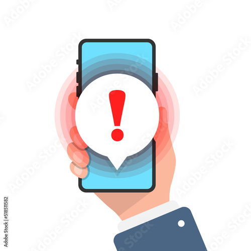 Phone notifications icon in flat style. Smartphone with exclamation point in hand vector illustration on isolated background. Spam message sign business concept.