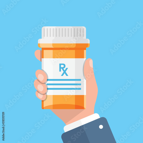 Pill bottle in hand illustration in flat style. Medical capsules vector illustration on white isolated background. Pharmacy sign business concept.