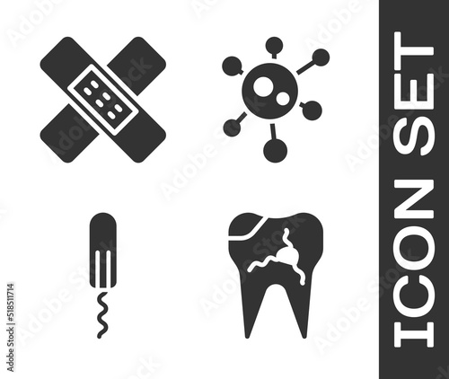 Set Broken tooth, Crossed bandage plaster, Sanitary tampon and Virus icon. Vector
