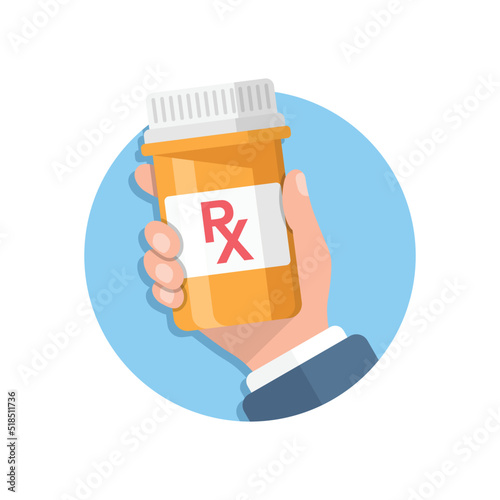 Pill bottle in hand illustration in flat style. Medical capsules vector illustration on white isolated background. Pharmacy sign business concept.