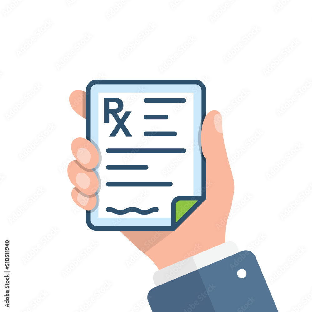 Medical prescription pad in hand illustration in flat style. Rx form vector illustration on isolated background. Doctor document sign business concept. Medical prescription pad in hand illustration in flat style. Rx form vector illustration on isolated background. Doctor document sign business concept.
