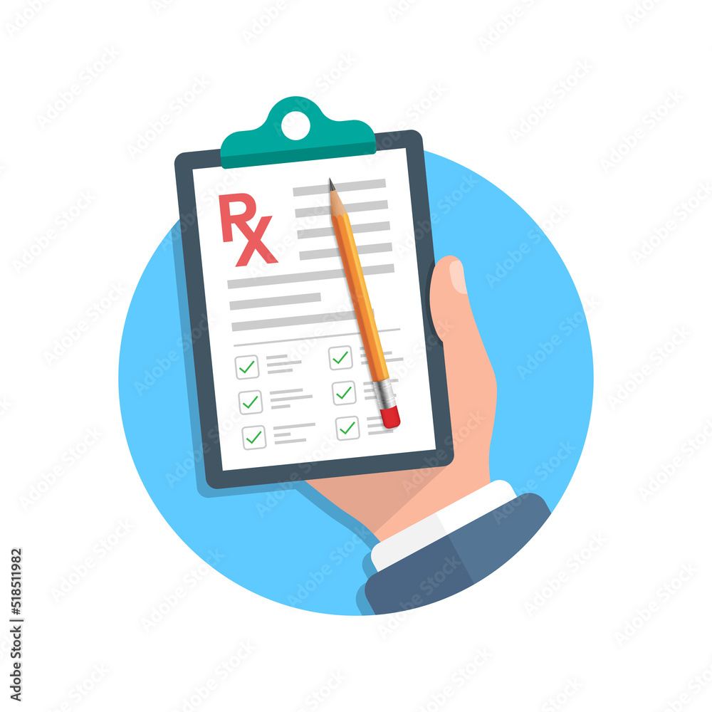 Medical prescription pad in hand illustration in flat style. Rx form vector illustration on isolated background. Doctor document sign business concept. Medical prescription pad in hand illustration in flat style. Rx form vector illustration on isolated background. Doctor document sign business concept.