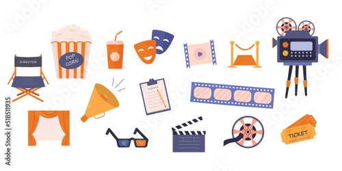 Collection of colorful cinema elements of cinematography. Hand drawn movie industry equipment.Colorful vector illustration in cartoon flat style.