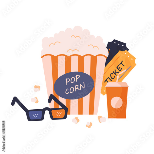 Cinema concept with bucket of popcorn, movie tickets, 3d glasses and soda drink. Movie time. Colored vector illustration in cartoon flat style.
