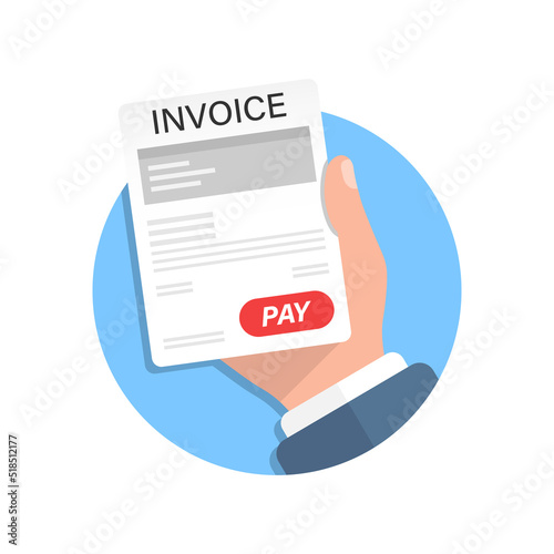 Invoice in hand illustration in flat style. Transaction document vector illustration on isolated background. Tax form sign business concept.