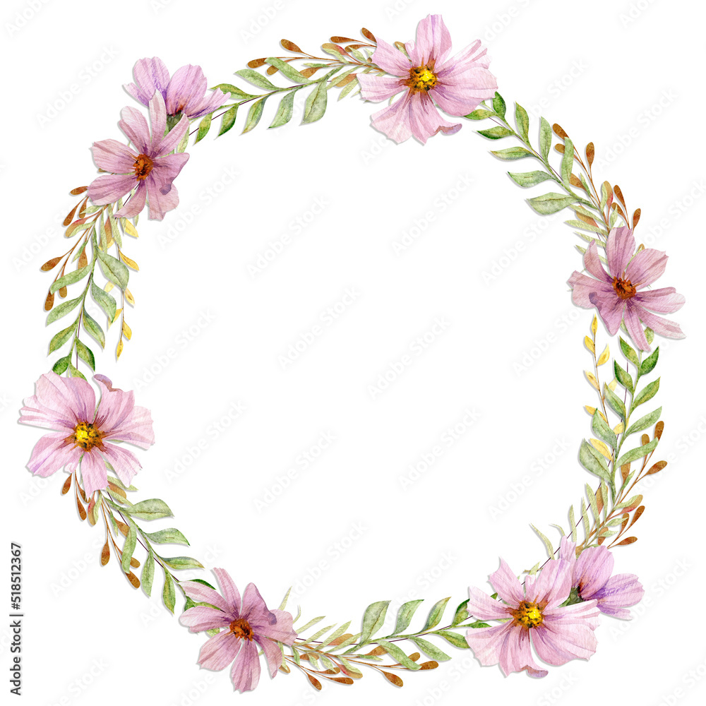 Obraz premium Watercolor wreath arrangement with hand drawn autumn flowers, branches and leaves. Isolated on white background. Design for invitations, wedding or greeting cards, wallpaper, print