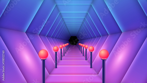 Synthwave styled corridor with red lamps. Space station dock or club entry background for invitations and flyers. Sci-fi tunnel with light balls.