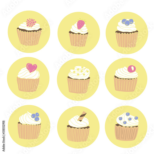 Cupcakes highlights set vector illustration  hand drawing doodles colored
