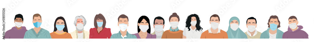 Many different people wearing medical masks on white background