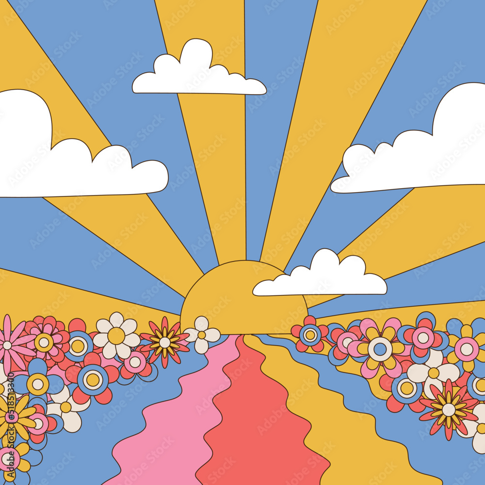 1970s good vibes square poster. Vibrant retro psychedelic fancy landscape with fields, daisy flowers and sun. Hippie flower power banner in 1960 vintage hand drawn style. Vector illustration.