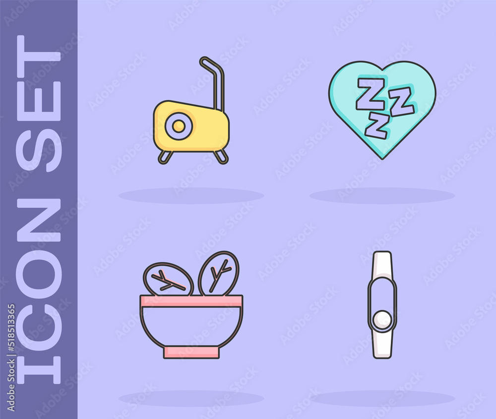 Set Smartwatch, Stationary bicycle, Salad in bowl and Sleepy icon. Vector Set Smartwatch, Stationary bicycle, Salad in bowl and Sleepy icon. Vector