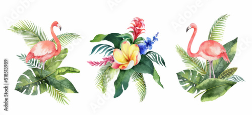 Watercolor vector set with tropical leaves, flowers and flamingo.