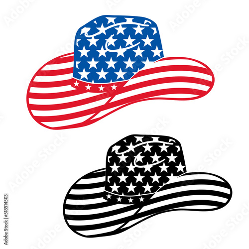 Cowboy hat in American flag stylish decoration. Vector traditional cowboy hat with patriotic decor isolated on white