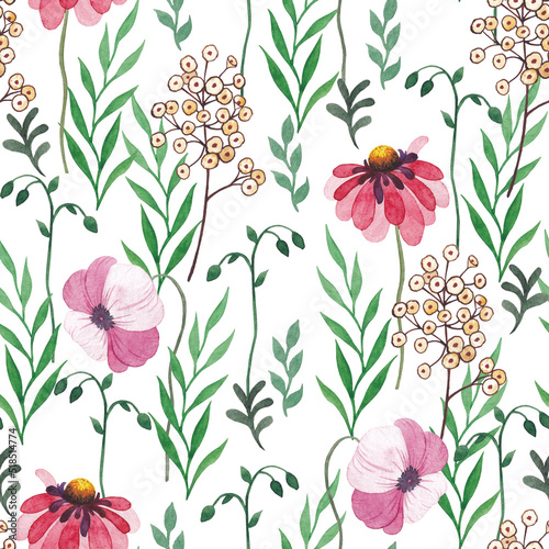 Floral seamless pattern with colorful wildflowers and abstract green plants. Watercolor print isolated on white background.