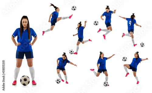 Set, collage made of shots of female professional soccer player with ball in motion, action isolated on white background. Woman in blue football kit