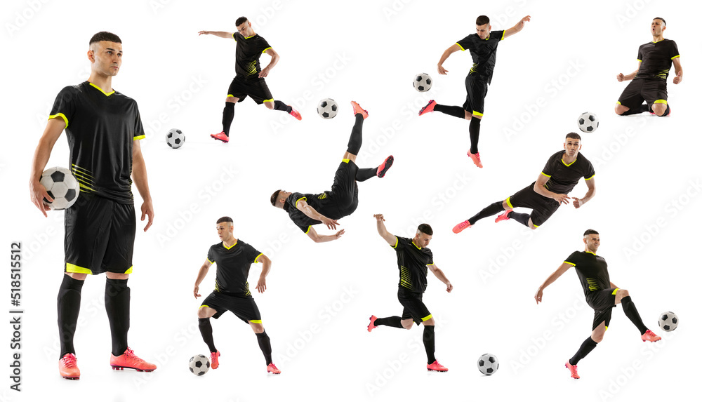 Sport movements. Set, collage made of shots of male professional soccer player with ball in motion, action isolated on white background. Man in black football kit