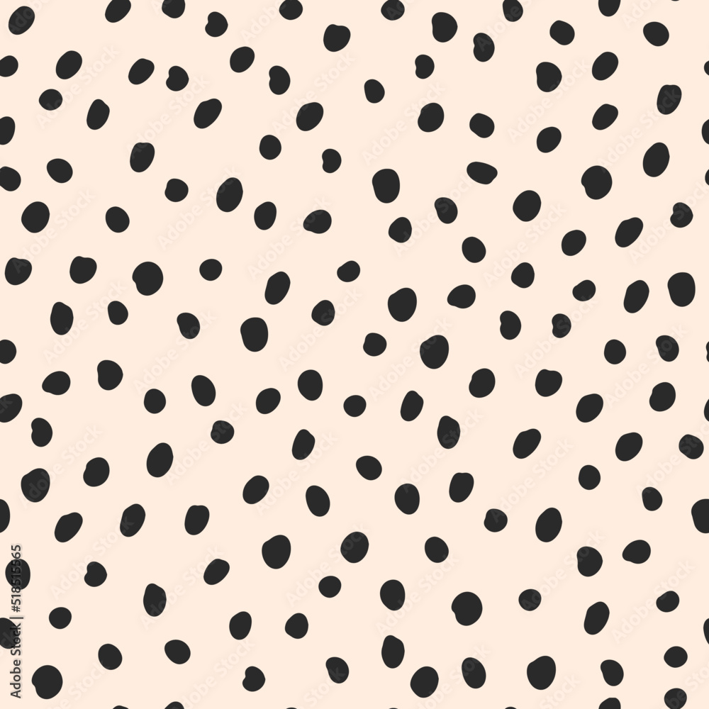 Cute black hand drawn polka dot on beige background. Vector seamless jumble brush spots pattern. Random dots, circles, animal skin. Design for fabric, wallpaper, textile, wrapping paper, packaging. - obrazy, fototapety, plakaty 