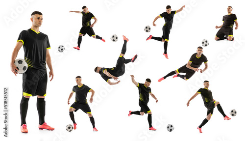 Sport movements. Set, collage made of shots of male professional soccer player with ball in motion, action isolated on white background. Man in black football kit © master1305