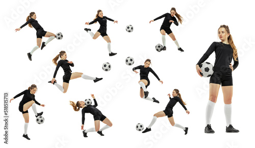 Set, collage made of shots of female professional soccer player with ball in motion, action isolated on white background. Woman in black football kit