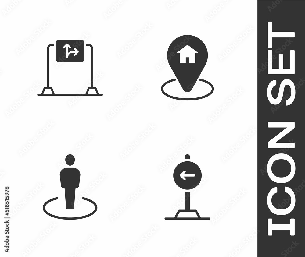 Set Traffic sign turn left, Road traffic, Location with person and house icon. Vector Set Traffic sign turn left, Road traffic, Location with person and house icon. Vector