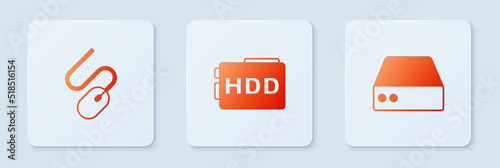 Set Hard disk drive HDD, Computer mouse and Server, Data, Web Hosting. White square button. Vector