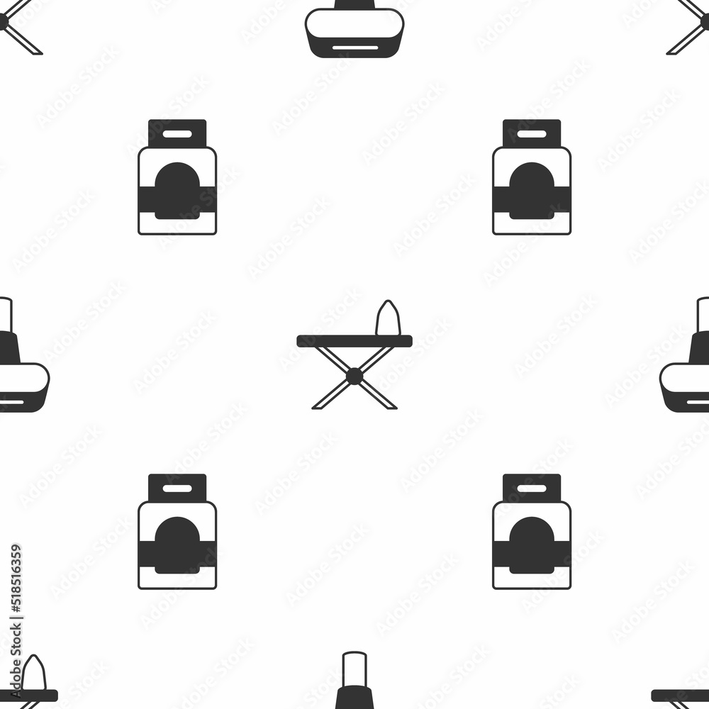 Set Garment steamer, Iron and ironing board and Laundry detergent on seamless pattern. Vector Set Garment steamer, Iron and ironing board and Laundry detergent on seamless pattern. Vector