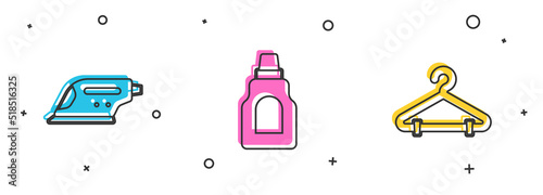 Set Electric iron, Bottle for cleaning agent and Hanger wardrobe icon. Vector