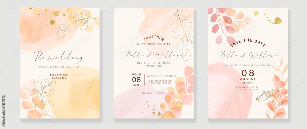 Luxury fall wedding invitation card template. Watercolor card with gold line art, eucalyptus, leaves branches, foliage. Elegant autumn botanical vector design suitable for banner, cover, invitation.