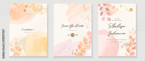 Luxury fall wedding invitation card template. Watercolor card with gold line art, eucalyptus, leaves branches, foliage. Elegant autumn botanical vector design suitable for banner, cover, invitation.