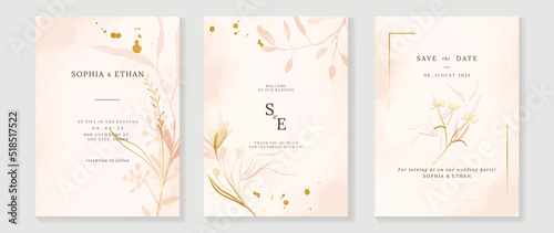 Luxury fall wedding invitation card template. Watercolor card with gold line art, flowers, leaves branches, foliage. Minimal autumn botanical vector design suitable for banner, cover, invitation.