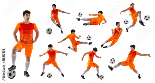 Sport movements. Set, collage made of shots of male professional soccer player with ball in motion, action isolated on white background. Man in orange football kit