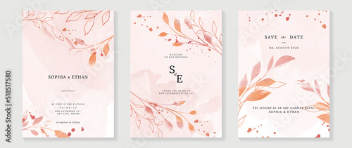 Luxury fall wedding invitation card template. Watercolor card with gold line art  eucalyptus  leaves branches  foliage. Elegant autumn botanical vector design suitable for banner  cover  invitation.
