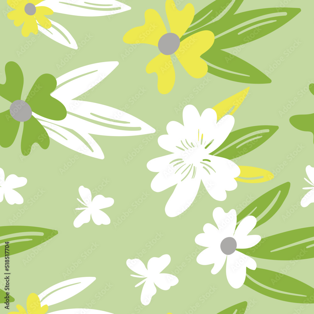 Seamless floral pattern based on traditional folk art ornaments. Colorful flowers on color background. Scandinavian style. Sweden nordic style. Vector illustration. Simple minimalistic pattern