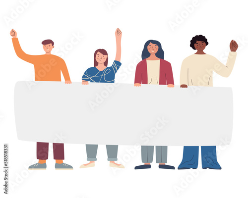 A group of young angry  protesters. People protesting at strike.Activists hold sign board or placard, team holding announce poster. Colored flat vector illustration isolated on white background