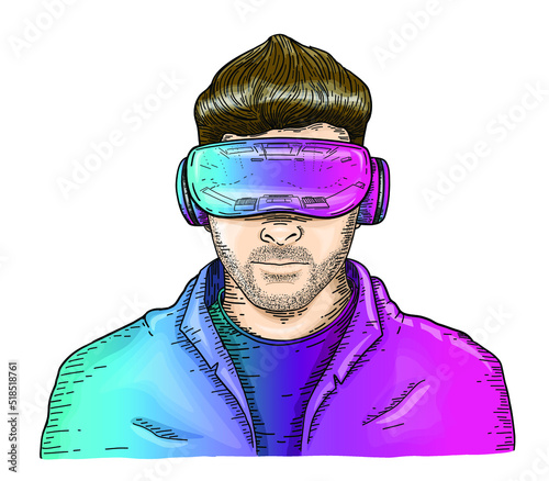 Vector Hand Drawn Engraving Style Guy wearing Virtual Reality headset Abstract VR world Person wearing virtual reality glasses and traveling the world Meta verse Virtual guide Technology Concept