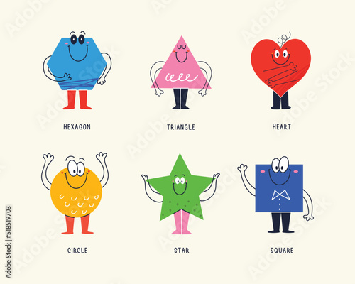 Set of Various bright basic Geometric Figures with face smiling. Funny shapes educational material for preschool kids. Hand drawn trendy Vector illustration for kids. All elements are isolated