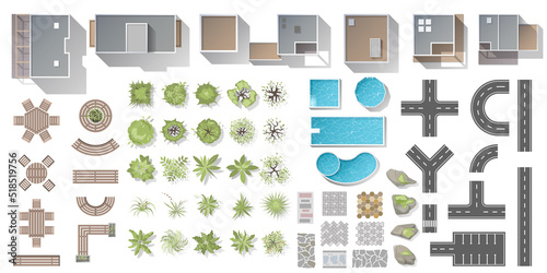 Architectural and Landscape elements top view for town, village. Collection of houses, plants, garden, tree, swimming pool, outdoor furniture, tile. Kit of tables, benches, chairs. View from above