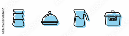 Set line Jug glass with water, Coffee turk, Covered tray food and Slow cooker icon. Vector
