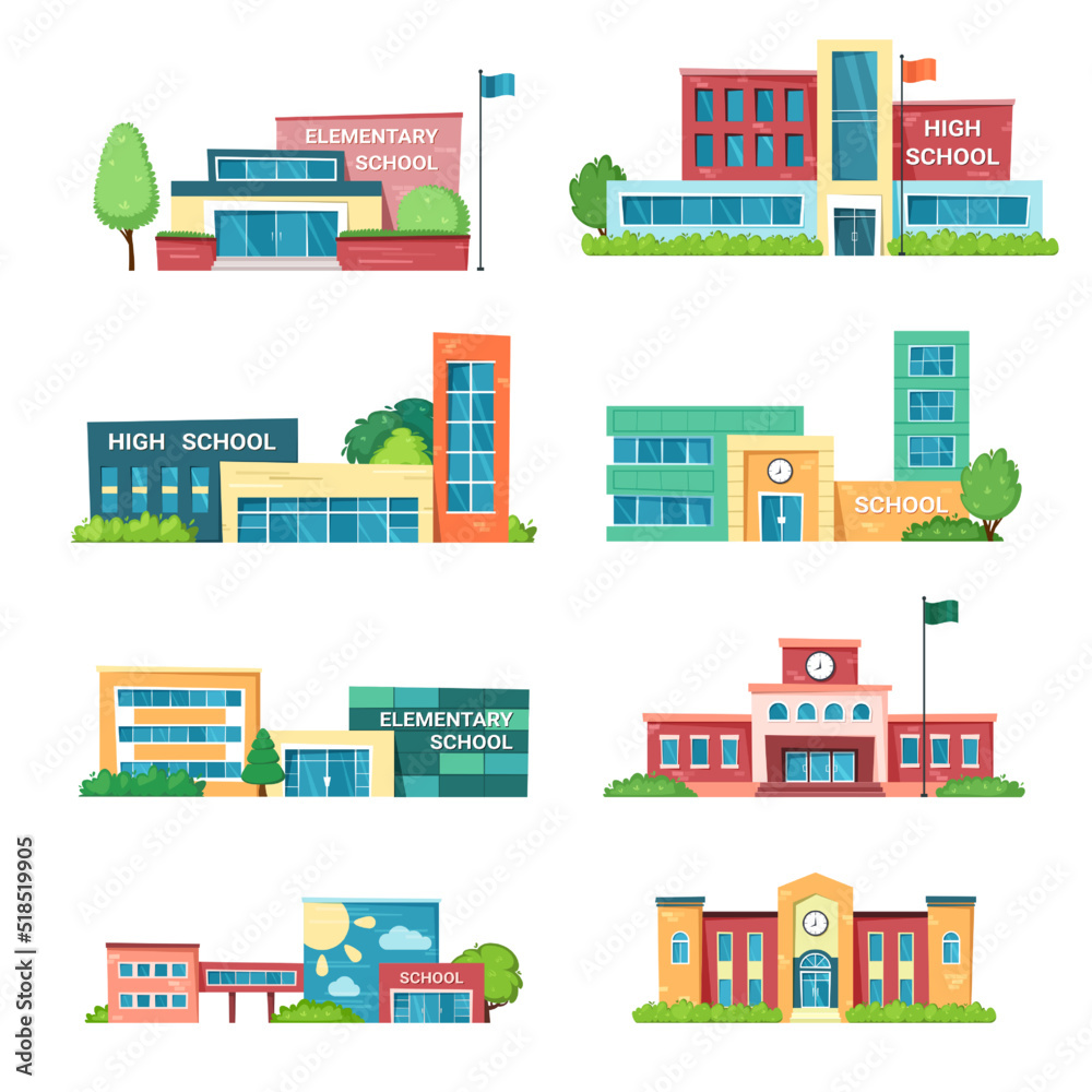 municipal buildings. knowledge houses for studying school institute college university architectural facades. Vector municipal constructions in flat style