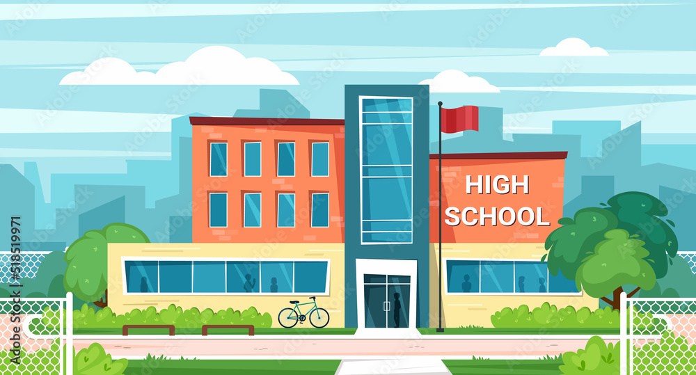 high school facade. urban landscape background with institute or university building. Vector cartoon city municipal building