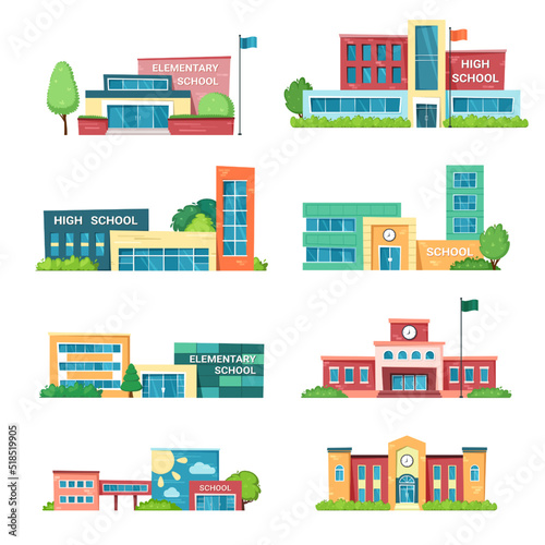 municipal buildings. knowledge houses for studying school institute college university architectural facades. Vector municipal constructions in flat style