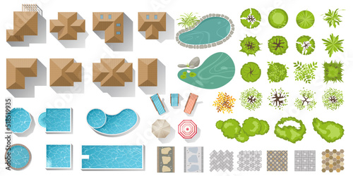 Set Architectural and Landscape elements top viewfor city map. Collection of houses, garden plants, trees, ponds, outdoor furniture, footpath tile, bushes for landscape design. Vector. View above