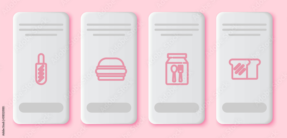 Set line Hotdog sandwich, Burger, Online ordering delivery and Bread toast. White rectangle button. Vector
