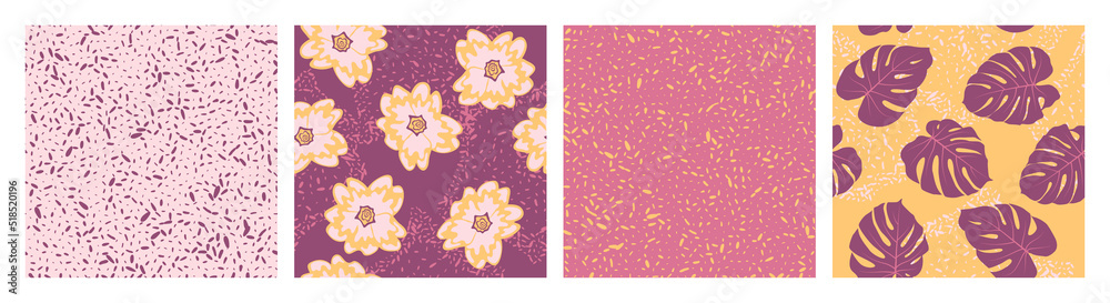 Grain texture and floral seamless pattern vector set. Botanical design of primula and monstera leaves.