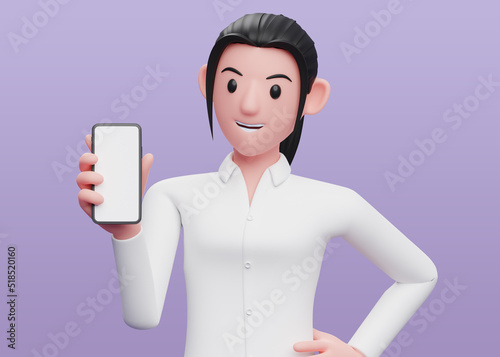 Portrait Woman holding and looking at a cellphone with her left hand on her waist for advertising, 3d portrait illustration of business woman holding phone