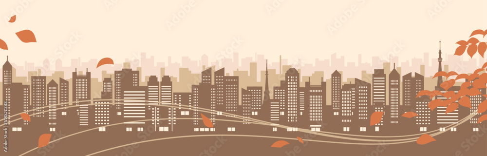 秋らしい色の都市風景のイラスト（シルエット）
